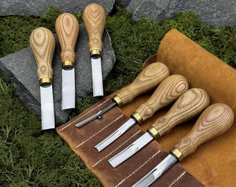 7-Piece Set of French Edge Skiver with Leather Case. Thinning Tools. Skiving Knives. Leatherworking. Hand Forged Tools. Carbon Steel 52100.