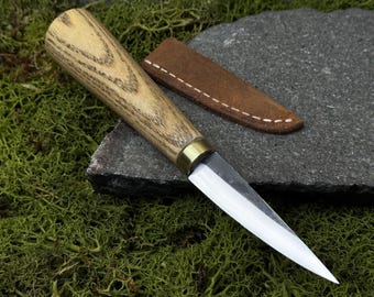 Hand Forged Sloyd Knife, 52100 Carbon Steel Blade, Ash Wood Handle, Leather Sheath