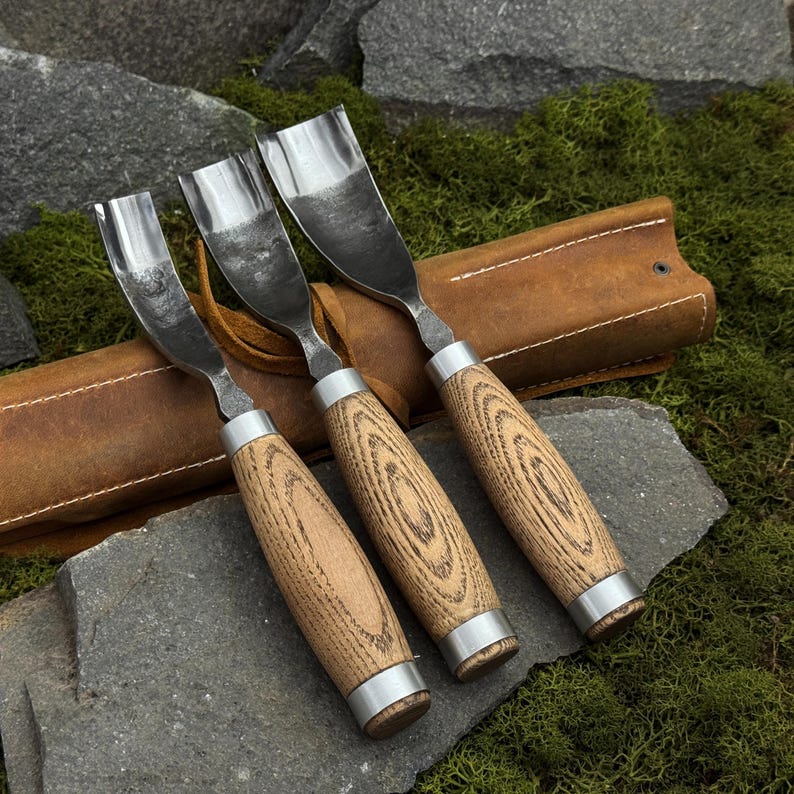Bent Gouges for Woodworking, Hand Forged Chisels, Carbon Steel 52100, Spoon Carving Tools image 5