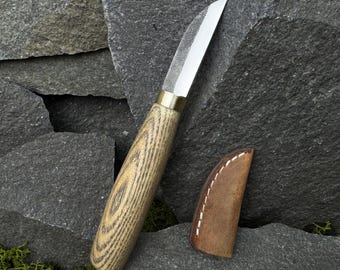 Whittling Knife with Leather Case. Knife for Carving Geometric Patterns. Spoon Carving Knife. Hand-Forged Knife. 52100 Carbon Steel Blade
