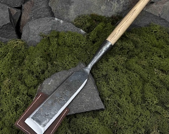 Timber Framing Chisel with Leather Case. Straight Сhisel for Woodworking. Carpentry Large Chisel. Hand Forged Tool. Carbon Steel 52100.