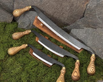Drawknife Set 3 Pieces with Leather Cases. Two-Handed Spoon Cutter Knives. Woodworking Tools. Carpentry. Hand Forged Tools. Steel 52100.