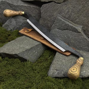 Großes Ziehmesser mit Ledertasche. Zimmereiwerkzeug. Holz und Löffel Schnitzmesser. Ziehmesser für Carver. Handgeschmiedetes Werkzeug. Kohlenstoffstahl 52100.