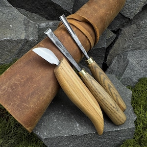 Set of 3 Tools with Leather Case. Detailed Carving Knife. Spoon Carving Gouge. Sculptural Chisel. Hand Forged Tool. 52100 Carbon Steel Blade
