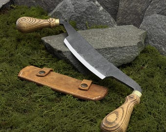 Hand Forged Drawknife: 52100 Carbon Steel, Ash Handles, Leather Sheath