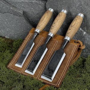 3-Piece Wood Carving Chisel Set with Leather Case. Bevel Edge Tools. Carpentry Tools. Timber Chisel. Hand Forged Chisels. Carbon Steel 52100