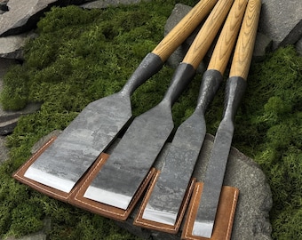 革製ケース付き木工用ノミ、木工工具、手鍛造工具、炭素鋼52100