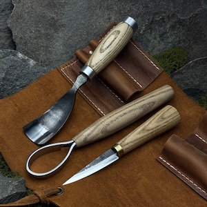 Spoon and Bowl Carving Knife Set with Leather Case. Sloyd, Scorp Knives. Bent Gouge. Wood Carving Knives. Hand Forged. Carbon Steel 52100.