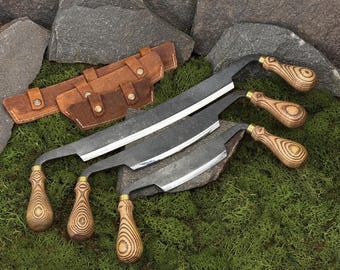 Carpentry Drawknives with Leather Cases. Two-Handed Spoon Cutter Knives. Woodworking Tools. Refining Wood. Hand Forged. Carbon Steel 52100.