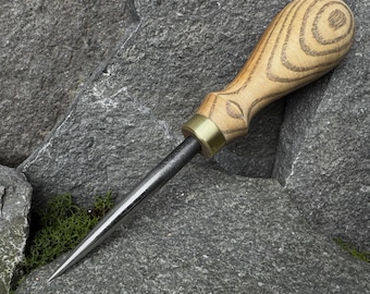 Forged Leather Awl for Stitching and Marking. Tool with Ash Handle and Carbon Steel 52100 Needle for Leathercraft and Wood Projects.