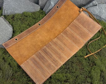 Leather Tool Case for 10 Wood Carving Chisels. Crazy Horse Leather Pouch. Tool Roll for Chisels and Knives. Wide Pockets Leather Tool Holder