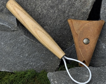 Hand Forged Spoon Carving Knife: Carbon Steel Blade, Ash Wood Handle, Leather Sheath