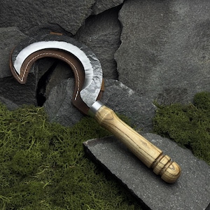 Garden Small Sickle with Leather Case. Gardening Tools. Sickle for Harvesting. Clearing overgrowth.  Hand Forged Sickle. Carbon Steel 52100.
