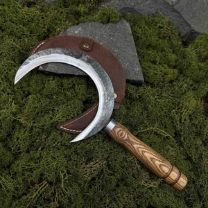 Harvesting Sickle with Leather Case. Forged Carbon Steel 52100 Crescent Blade for Garden Work, Plant Trimming, and Light Brush Management.