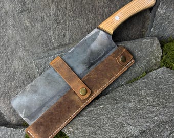 Hand Forged Kitchen Knife with Leather Case. Carbon Steel 52100 Blade. Chef Knife for Cooking, Chopping, Food Preparation. Bushcraft Knife