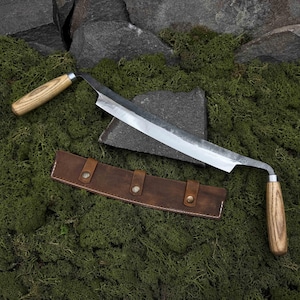 Large Drawknife with Leather Case. Carpentry Drawknife for Woodworking. Two-Handed Wood Drawknife. Hand Forged Tool. Carbon Steel 52100.