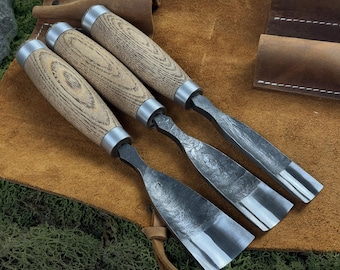 Set of 3 Wood Carving Gouge with Leather Case. Chisels for Woodworkers. Sculptural Carving Gouges. Hand Forged Tools. Carbon Steel 52100.