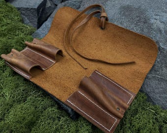 Handmade Leather Tool Roll with 3 Pockets. Crazy Horse Leather Case for Carving Tools, Knives, and Leatherworking Tools. Gift for Craftsmen
