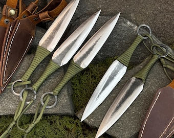 Throwing Knife Set for Target Practice and Training – Forged 52100 Carbon Steel Blades, Paracord Handles, Leather Cases – Outdoor Knives