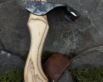 Curved Adze for Wood Carving and Camping. Hand Forged Tool with Carbon Steel 52100 Blade and Leather Case for Beginners and Bushcraft Work.