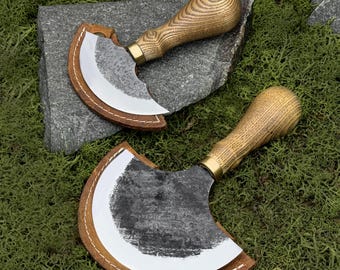 Set of 2 Leather Round Knife with Cases. Half Moon Blades. Skinning Tools. Leatherworking Knives. Hand Forged Tools. Carbon Steel 52100.
