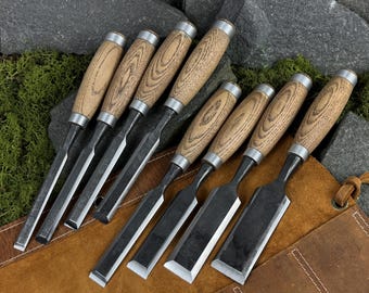 Hand Forged Wood Carving Chisels with Leather Case. Carbon Steel 52100. Ergonomic Handles. Single Chisel by Width or Set of 8 Chisels.