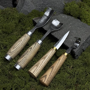 Set 4-Piece Bowl Carving Tool with Leather Case. Wood Carving Tools. Hook, Sloyd Knives. Bent Gouges. Hand Forged Tools. Carbon Steel 52100.