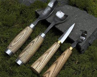 Set 4-Piece Bowl Carving Tool with Leather Case. Wood Carving Tools. Hook, Sloyd Knives. Bent Gouges. Hand Forged Tools. Carbon Steel 52100.