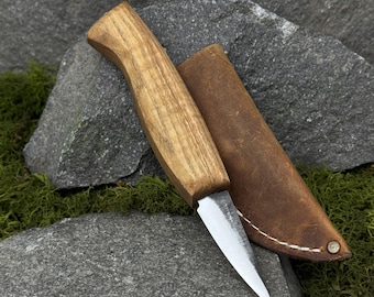Sloyd Knife for Wood Carving with Leather Case. Knife for Whittling, Spoon Carving and Woodworking. Hand Forged Knife. Carbon Steel Blade
