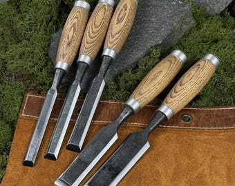 5-Piece Bevel Edge Chisel Set with Leather Case. Wood Carving Tools. Woodworking Carpentry Chisels. Hand Forged Tools. Carbon Steel 52100.