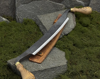 Hand Forged Draw Knife with Leather Sheath, Carbon 52100 Steel Blade, Ash Wood Handle, Woodworking Tool