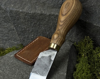 Straight Skiving Knife with Leather Case. Flat Knife. Cutting Leather Knife. Leatherworking Tool. Hand Forged Knife. Carbon Steel 52100.