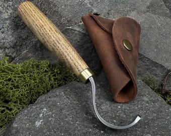 Spoon and Bowl Carving Hook Knife with Leather Case. Hand Forged Tool with Carbon Steel Blade for Cup Hollowing and Wood Carving Projects.