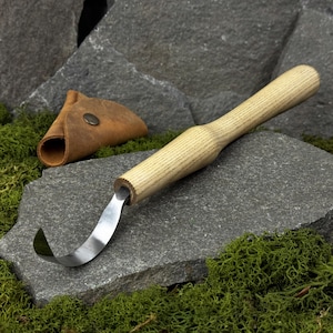 Long Hook Knife with Leather Case. Beginners Wood Carving Tool. Spoons, Bowls, Cups Carving Knife. Hand Forged Knife. Carbon Steel 52100