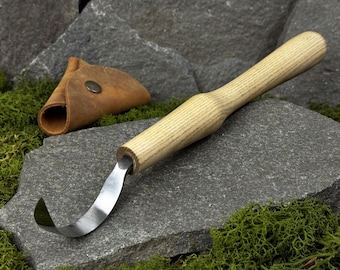 Long Hook Knife with Leather Case. Beginners Wood Carving Tool. Spoons, Bowls, Cups Carving Knife. Hand Forged Knife. Carbon Steel 52100