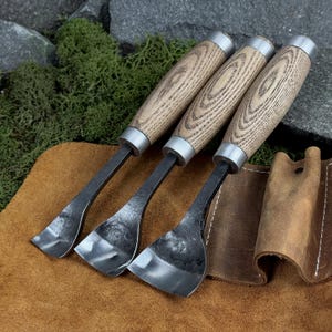 Set of 3 Spoon Gouge with Leather Case. Curved Gouges for Carving Spoons, Bowls, Cups. Bent Gouge. Hand-Forged Gouges. Carbon Steel 52100.