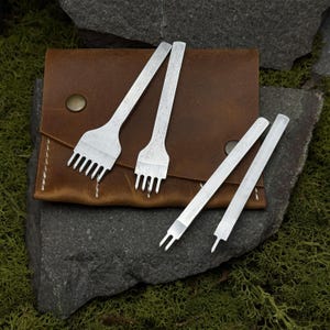 Diamond Pricking Iron Set with Leather Case. 1+2+4+6 Prongs. Leather Chisels. Leatherworking Chisels. Hand Forged Tools. High-Quality Steel.