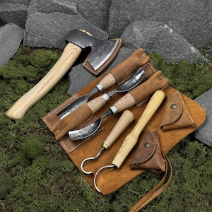 Juego de 6 herramientas para tallar cucharas con estuche de cuero. Herramientas para trabajar la madera. Herramientas para principiantes. Herramientas forjadas a mano. Acero al carbono 52100. Regalo.