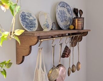 Vintage Knotty Pine Stained Shelf with Metal Pot Rail Homestead Kitchen Storage