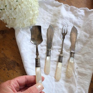 Antique Silver Plated Condiment Cutlery Set Mother of Pearl Pretty English Serving Ware