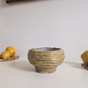May include: A small, handcrafted ceramic bowl with a textured, ribbed exterior. The bowl has a light yellow-green color with brown accents and a white interior. The bowl is a unique piece of pottery.