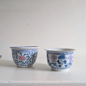 Vintage Chinese Porcelain Planters | Famille Rose Lotus Floral | Blue & White Pots | Pair of Cachepots