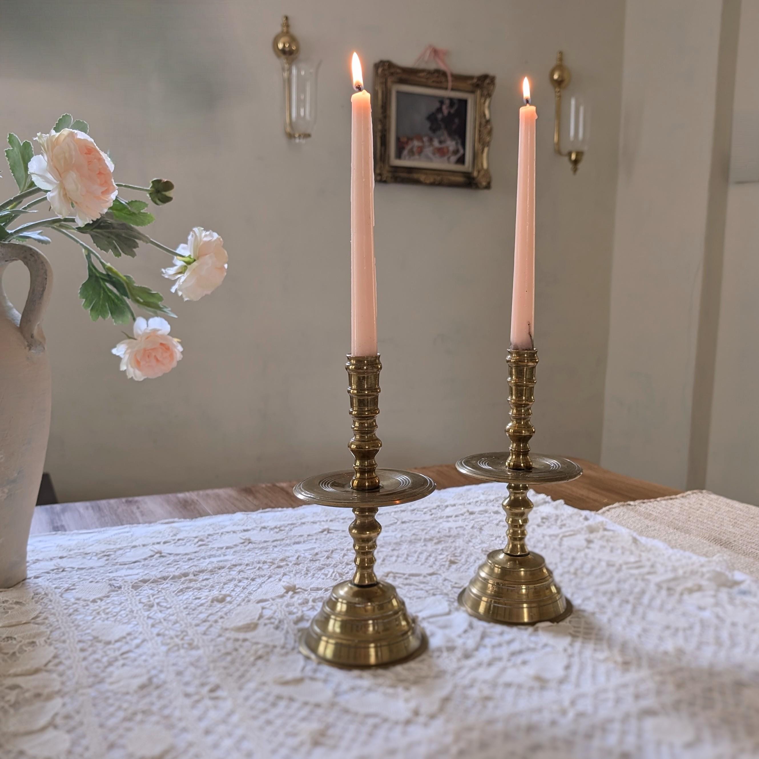 Pair Antique Brass Heemskerk Mid Drip Candlestick Holders