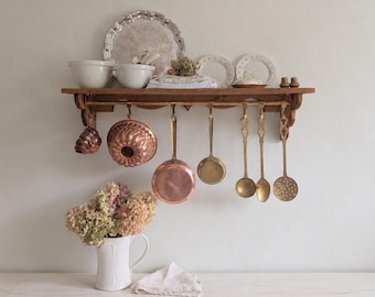 Vintage Knotty Pine Stained Shelf with Metal Pot Rail Homestead Kitchen Storage