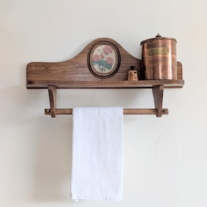 Vintage Wooden Wall Shelf | Towel Rack & Paper Roll Holder | Homestead Kitchen Storage