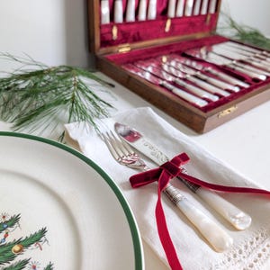 May include: A silver fork and knife set with iridescent white handles, tied together with a deep red velvet ribbon, resting on a white lace-trimmed napkin next to a plate with a green rim and a wooden cutlery box lined with red velvet.