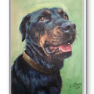 Rottweiler Portrait. Oil on canvas. Dimensions: 12 x 17 inches. Modern painting. Pet portrait. Love of animals.