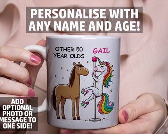 Personalised Funny 50th Birthday Mug - Pole Dancing Unicorn