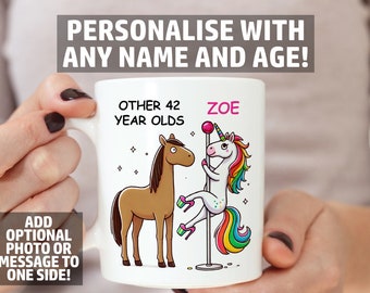Personalised Funny 42nd Birthday Mug - Pole Dancing Unicorn