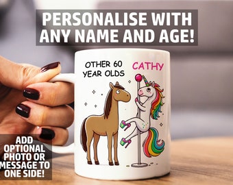 Personalised Funny 60th Birthday Mug - Pole Dancing Unicorn